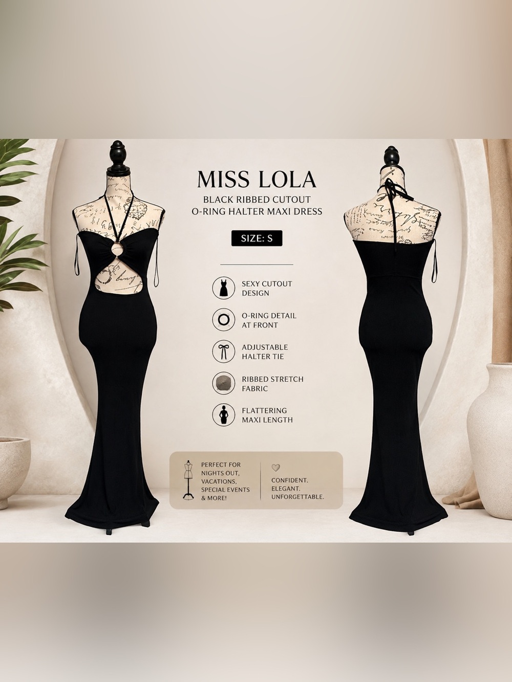 miss lola black ribbed cutout halter maxi dress size s